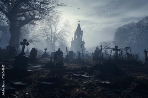 Spooky graveyard with mist and fog.