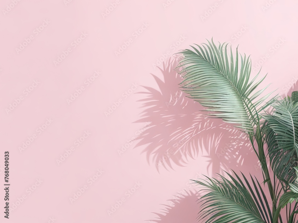 Palm leaves cast a hazy shade on the pale pink wall. abstract background with a minimum for showcasing products. summer and spring. Palm leaves cast a hazy shade on the pale pink wall. abstract background with a minimum for showcasing products. summer and spring.