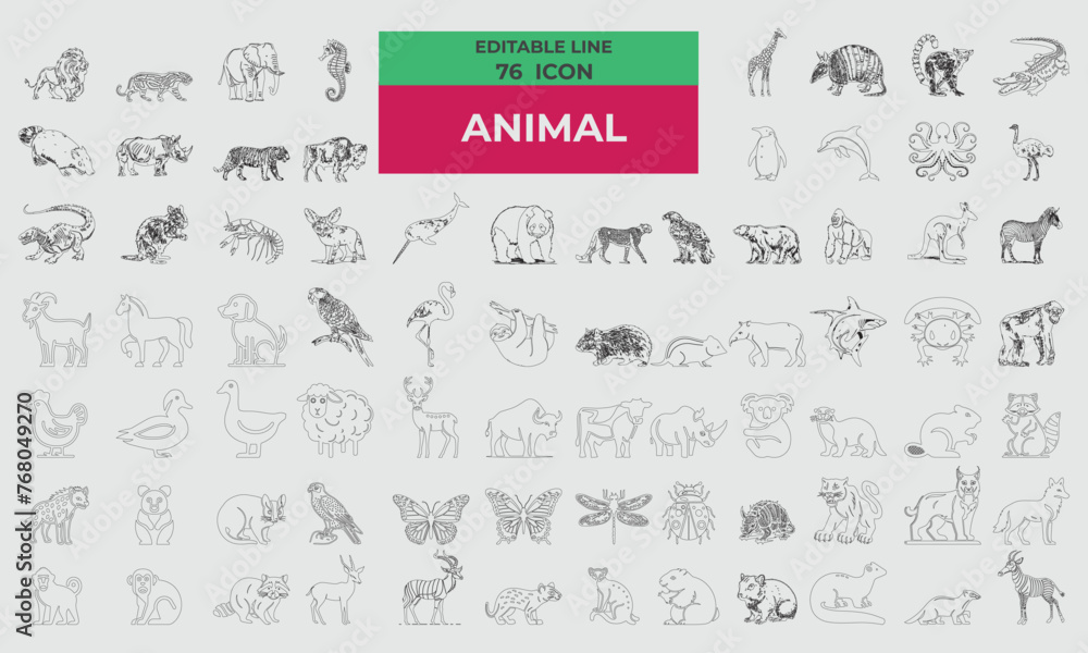 76 Line Icons for Animal set in line style. Excellent icons collection. Vector illustration.