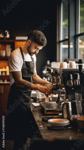 Handsome barista in apron pouring coffee in cup in cafe