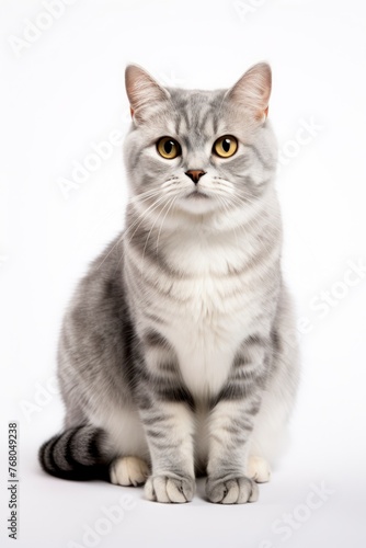 A cat sitting on white background looking at the camera. © Voilla