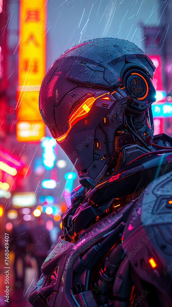 Mecha Guardian, futuristic armor, sentinel protecting cyberspace, against a neon-lit cityscape Realistic, backlight, chromatic aberration Depth of field bokeh effect