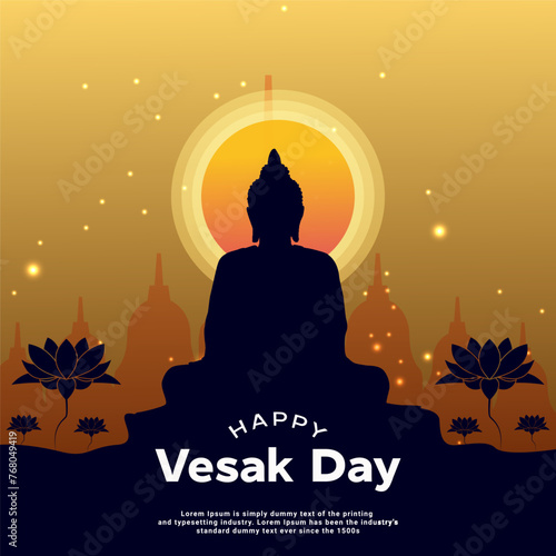 A poster for Vesak day temple with a picture of a statue and flowers on it.