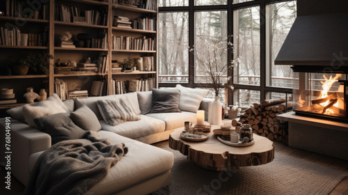 Cozy living room interior with fireplace, bookshelves and comfortable sofa