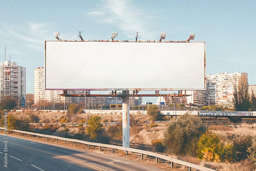 Obraz premium City highway billboard mockup, white poster frame, urban marketing template, transportation display.