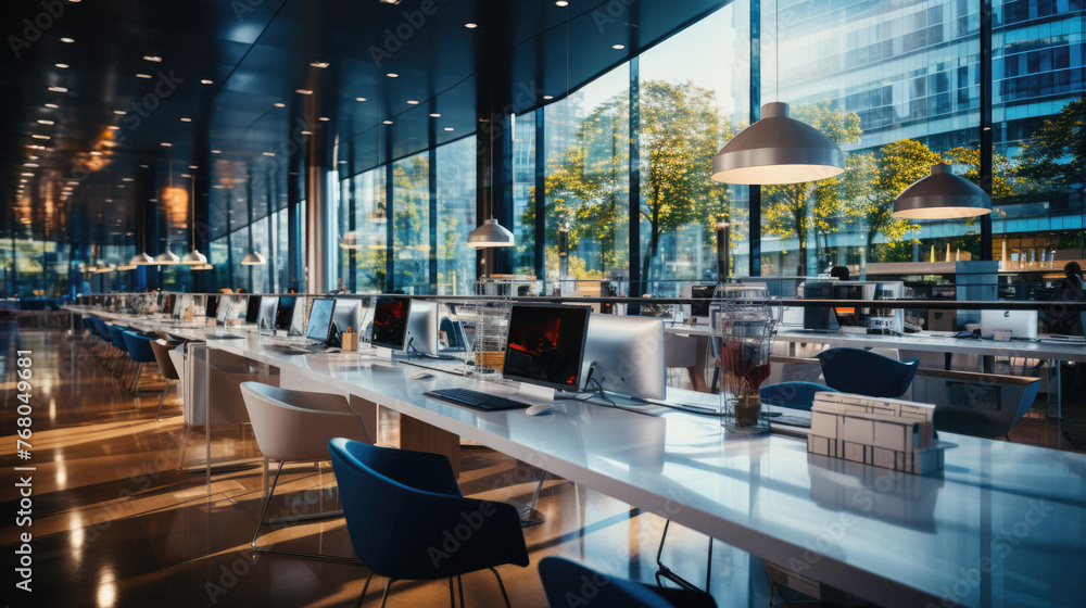 Fototapeta premium Interior of a modern office building with tables, chairs and computers