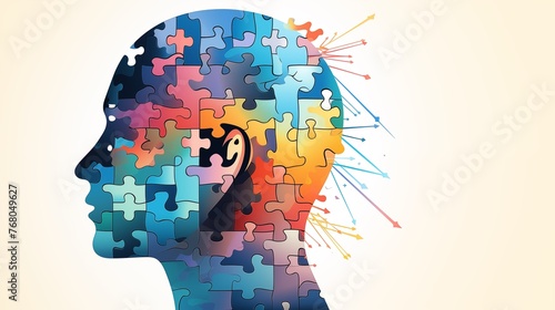 Vector line design; human head profile and jigsaw puzzle; notion of cognitive psychology or psychotherapy; mental health; brain trouble; personality disorder Illustrations .