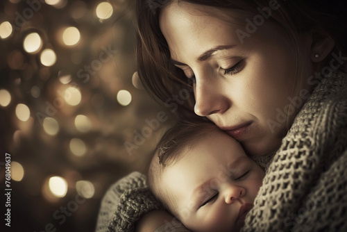 Mother comforting crying baby at night, gentle embrace, warm and soothing atmosphere.