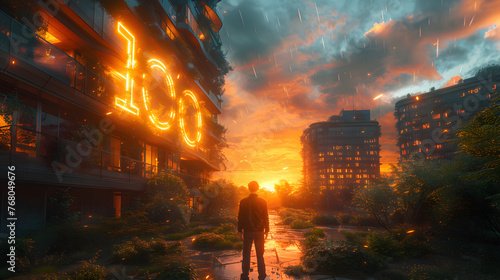a tall building with the number 100 lit up on its side. The building has a neon orange hue and is surrounded by plant and rocks.  photo