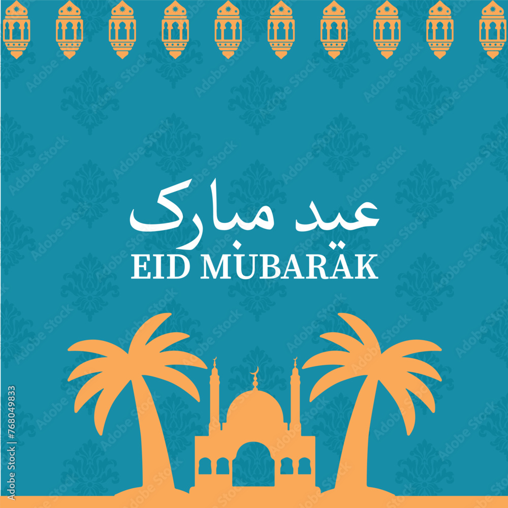 Eid ul fitr Social Media Post Design - Eid Mubarak instagram post - Eid Mubarak post mosque lanterns date tree vector illustation .Eid Banner Design