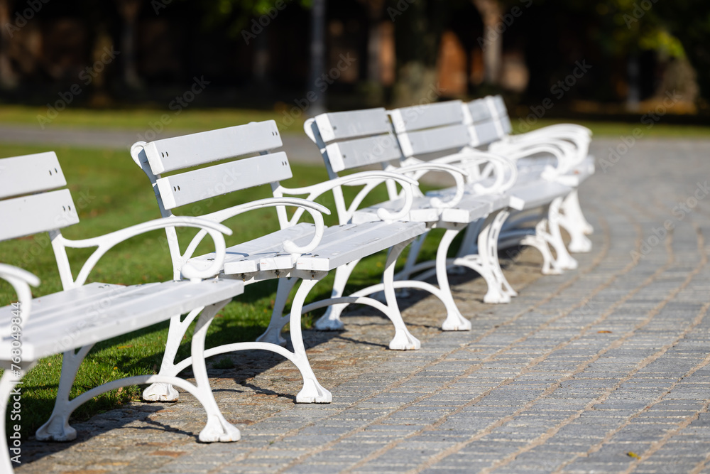 White wooden benches in a city park. A romantic photo of empty benches in sunlight