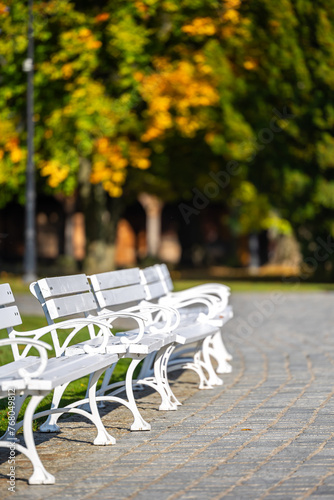 Obraz na płótnie White wooden benches in a city park. A romantic photo of empty benches in sunlight w salonie
