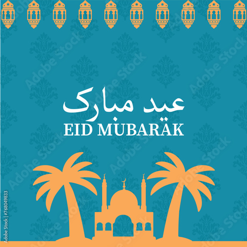 Eid ul fitr Social Media Post Design - Eid Mubarak instagram post - Eid Mubarak post mosque lanterns date tree vector illustation .Eid Banner Design