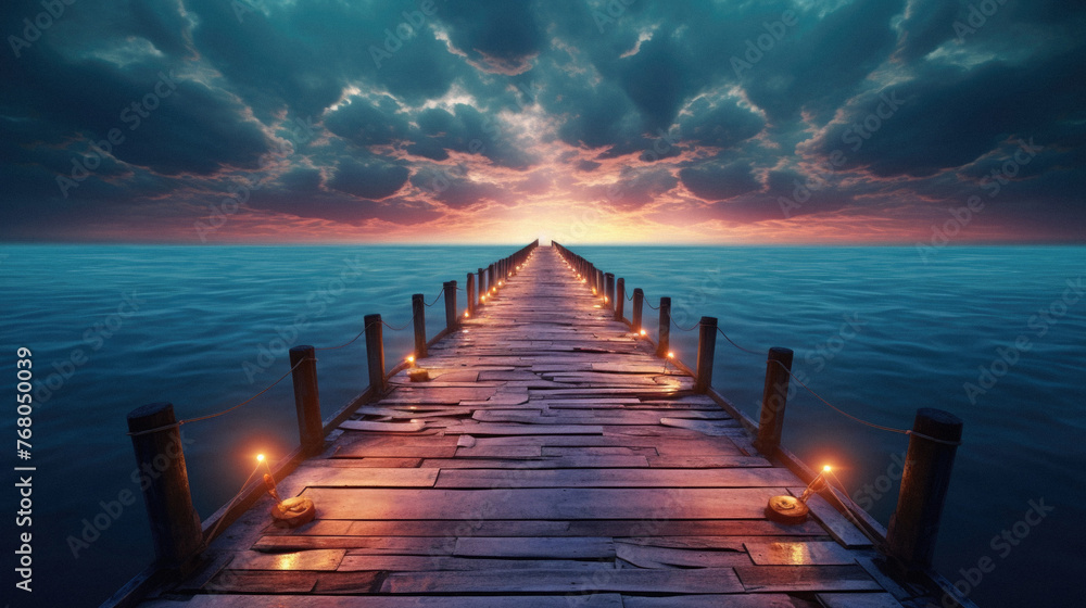Wooden jetty leading into the sea at sunset, - obrazy, fototapety, plakaty 