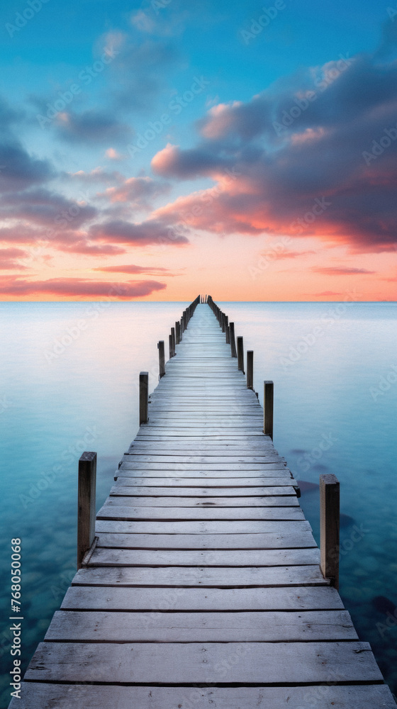 Wooden pier leading to the sea at sunset. Beautiful seascape .