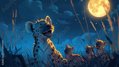A chibi hyena laughing heartily surrounded by playful cubs photo
