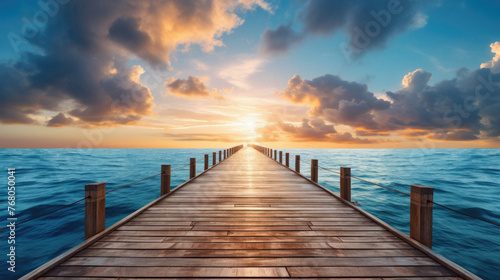 Wooden pier in the sea at sunset with clouds and sun .