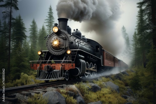 Vintage steam locomotive chugging through a misty forest