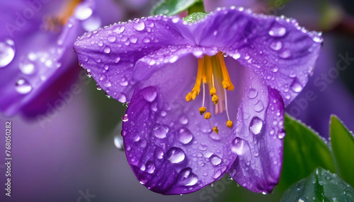 Beautiful bright lilac bell flower in drops of morning dew. Close-up water drops on bell petals in nature with soft selective focus.