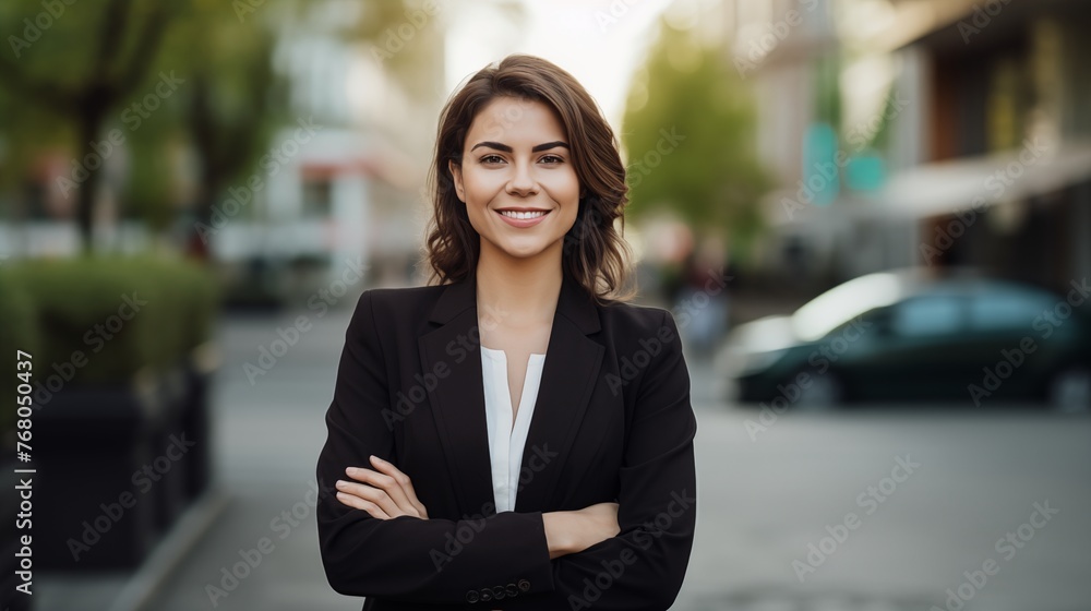 Young, attractive, smiling, self-assured, optimistic, and cheerful businesswoman standing outside on a street with her arms crossed and facing the camera . Young, attractive, smiling, self-assured, optimistic, and cheerful businesswoman standing outside on a street with her arms crossed and facing the camera .
