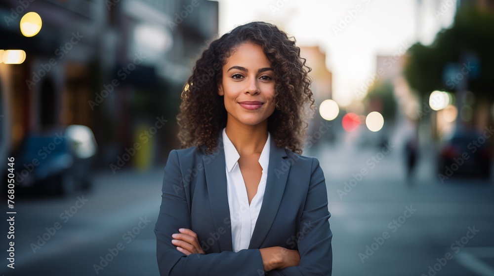 Young, attractive, smiling, self-assured, optimistic, and cheerful businesswoman standing outside on a street with her arms crossed and facing the camera . Young, attractive, smiling, self-assured, optimistic, and cheerful businesswoman standing outside on a street with her arms crossed and facing the camera .