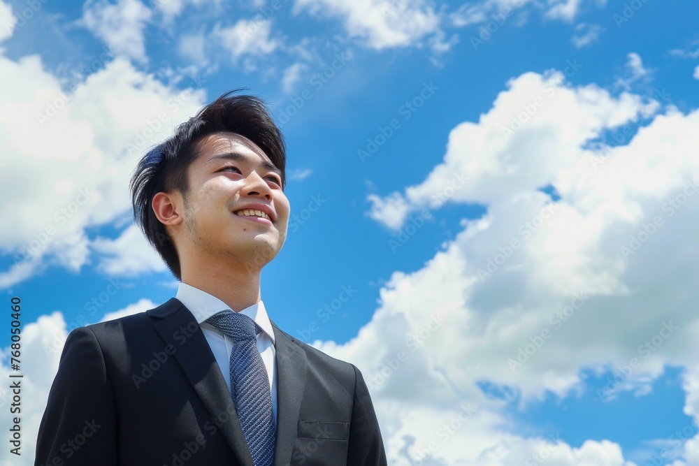 青空背景の笑顔の日本人の男性ビジネスマンのポートレート(スーツ・若手・新人・新入社員) 青空背景の笑顔の日本人の男性ビジネスマンのポートレート(スーツ・若手・新人・新入社員)