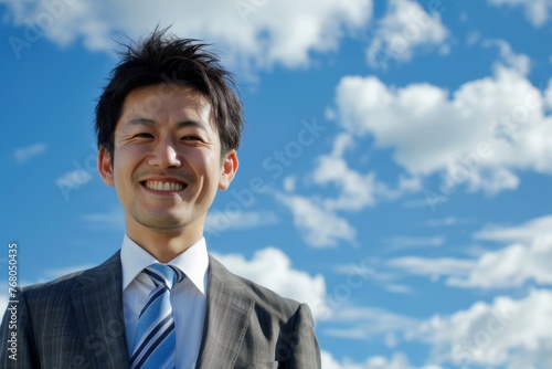 青空背景の笑顔の日本人の男性ビジネスマンのポートレート（スーツ・若手・新人・新入社員）