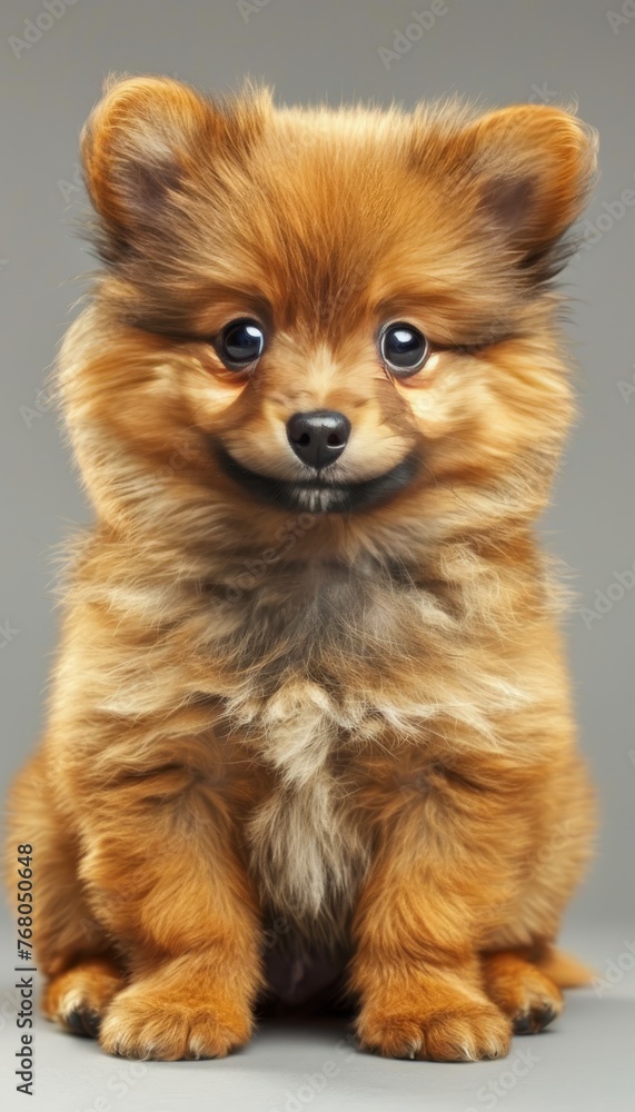 Cute pomeranian puppy in a fluffy and adorable pose for the camera, a charming display