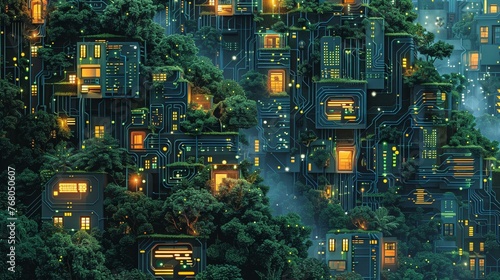 A magazine spread for an article on the future of eco-tech, illustrated with this lush, integrated circuitry