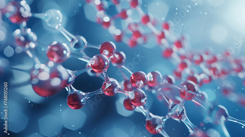 3D Illustration of a complex red and white molecular structure on a blue bokeh background, representing intricate scientific details..