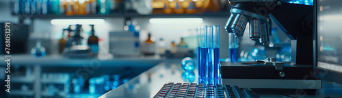 A high-tech laboratory environment with a close-up of a microscope and test tubes filled with blue liquid, indicative of scientific research and analysis.. photo