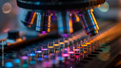 A detailed close-up image showcasing a microscope with various sample slides illuminated in a laboratory setting.. photo