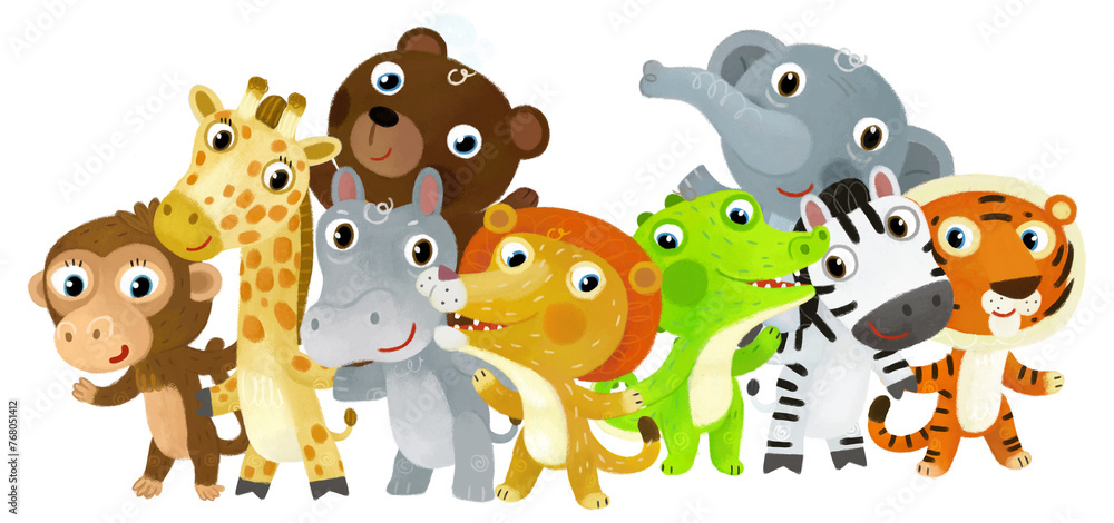 Obraz premium Cartoon zoo scene with zoo animals friends together in amusement park on white background with space for text illustration for children