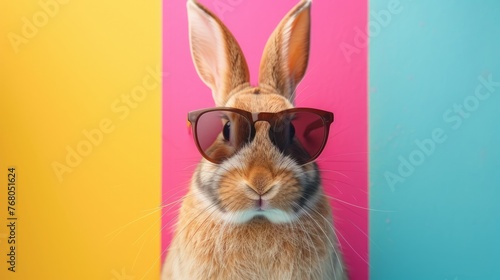Chill bunny: adorable rabbit sporting sunglasses on vibrant background