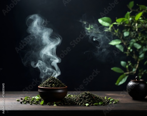 top view empty wooden table with smoke float up on green tea