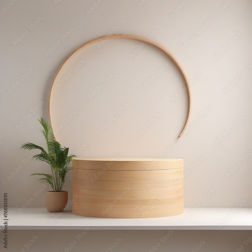 Wooden round podium on a shelf in the room. For product presentation with plant in pot, beige wall background Wooden round podium on a shelf in the room. For product presentation with plant in pot, beige wall background