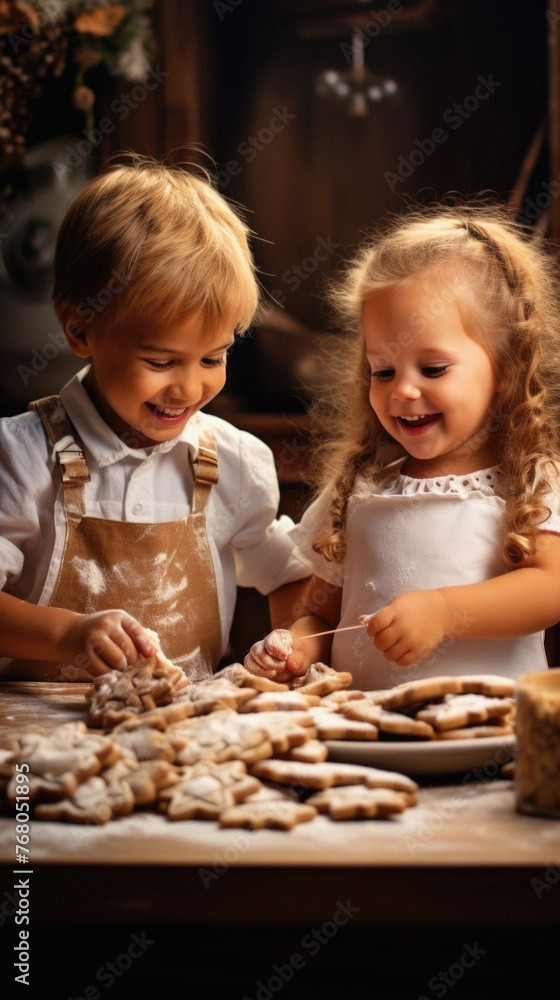 Little girl and boy baking cookies in the kitchen at Christmas time .