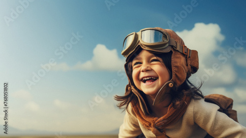 Happy kid with aviator helmet and goggles in pilot hat on sky background