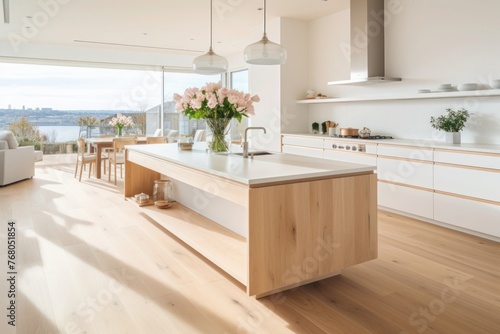 Modern white minimalist interior design with kitchen sofa wooden floor wall panels and marble kitchen island generative ai