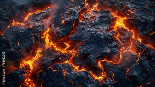 Dramatic aerial view of a volcanic eruption crater with glowing molten lava and smoke, showcasing nature's raw power.