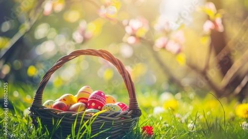 Painted easter eggs nestled in basket amidst lush greenery of sunlit orchard