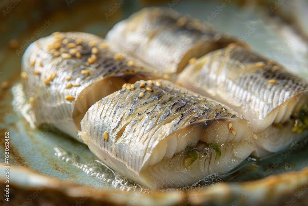 Detailed view of herring rollmops on a plate, showcasing the texture and presentation of the food