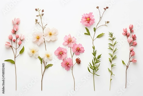 five flowers are shown arranged neatly on a white background