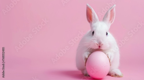 Easter bunny rabbit with pink painted egg on pastel background - festive holiday concept image