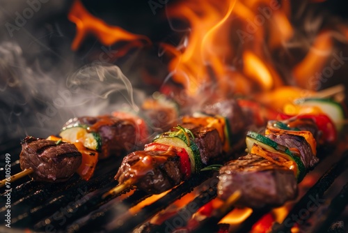 Close-up view of steak and vegetables sizzling and cooking on a hot grill with flames underneath