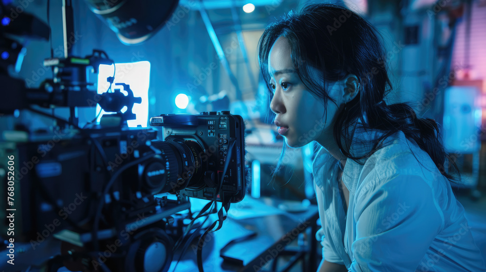 Asian woman, producer on the set of a film studio Asian woman, producer on the set of a film studio