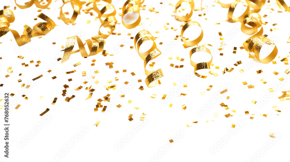 Shiny golden serpentine streamers and confetti on transparent background