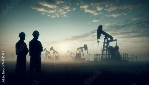 Silhouettes of a worker and an engineer in helmets watching the work of Oil pumps in an oil field at dawn. Industrial progress in the natural environment. Oil production. Economic environmental crisis