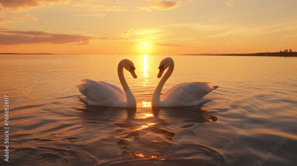 2 majestic white swans (Cygnus olor) swim in the glassy waters of the Baltic Sea in front of a stunning orange sunset. - obrazy, fototapety, plakaty 
