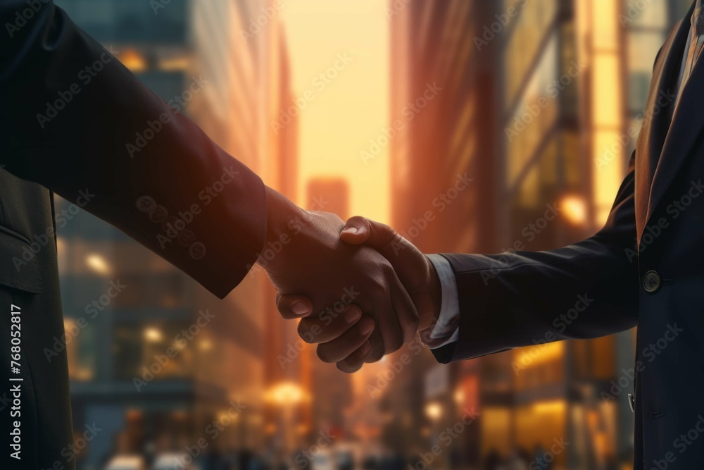 business people shaking hands in city backdrop business people shaking hands in city backdrop